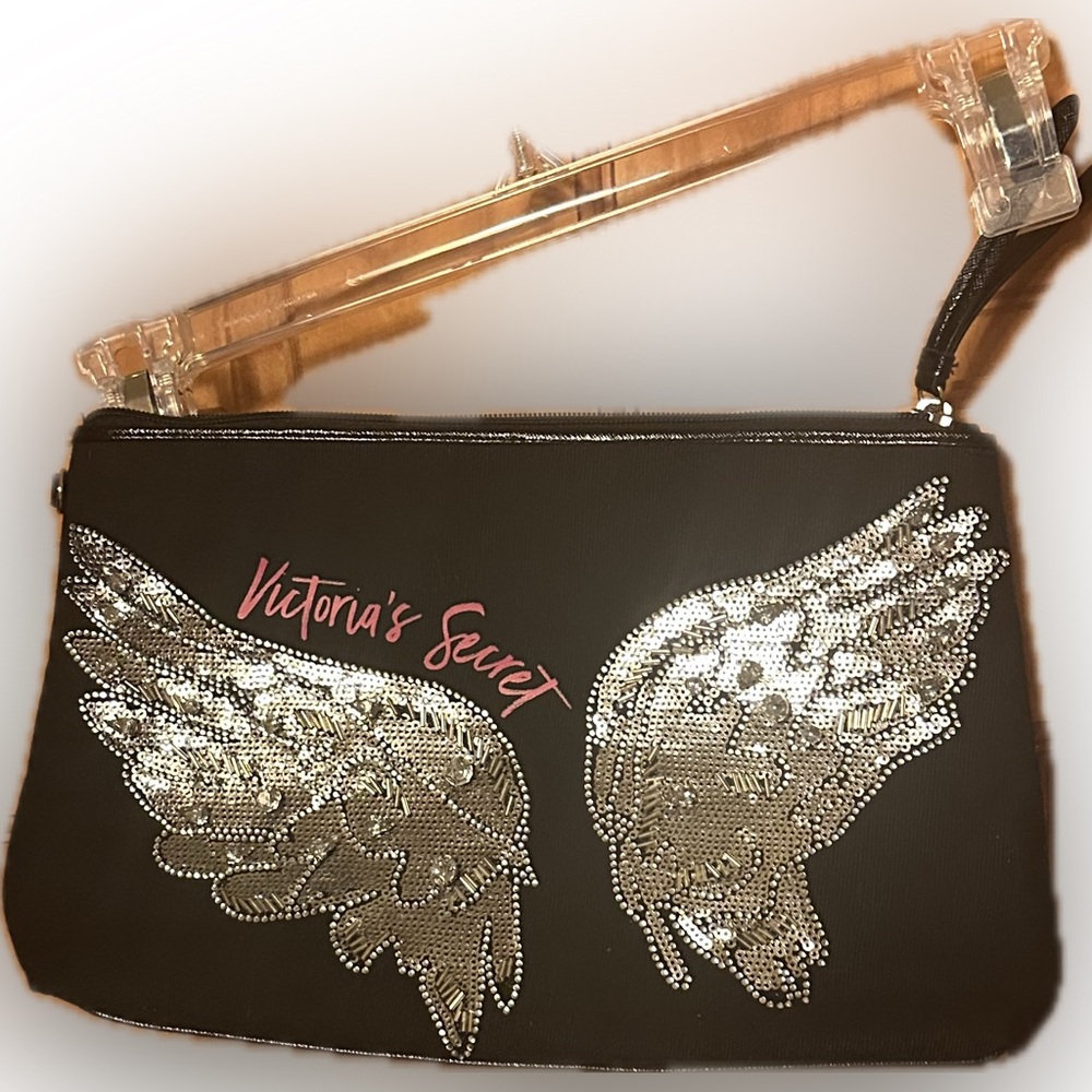 Victoria's Secret Angel Wing Clutch Black Bag with Silver Sequin Wings